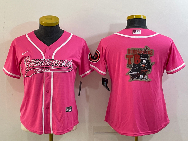 Women's Tampa Bay Buccaneers Pink Team Big Logo With Patch Cool Base Stitched Baseball Jersey(Run Small)